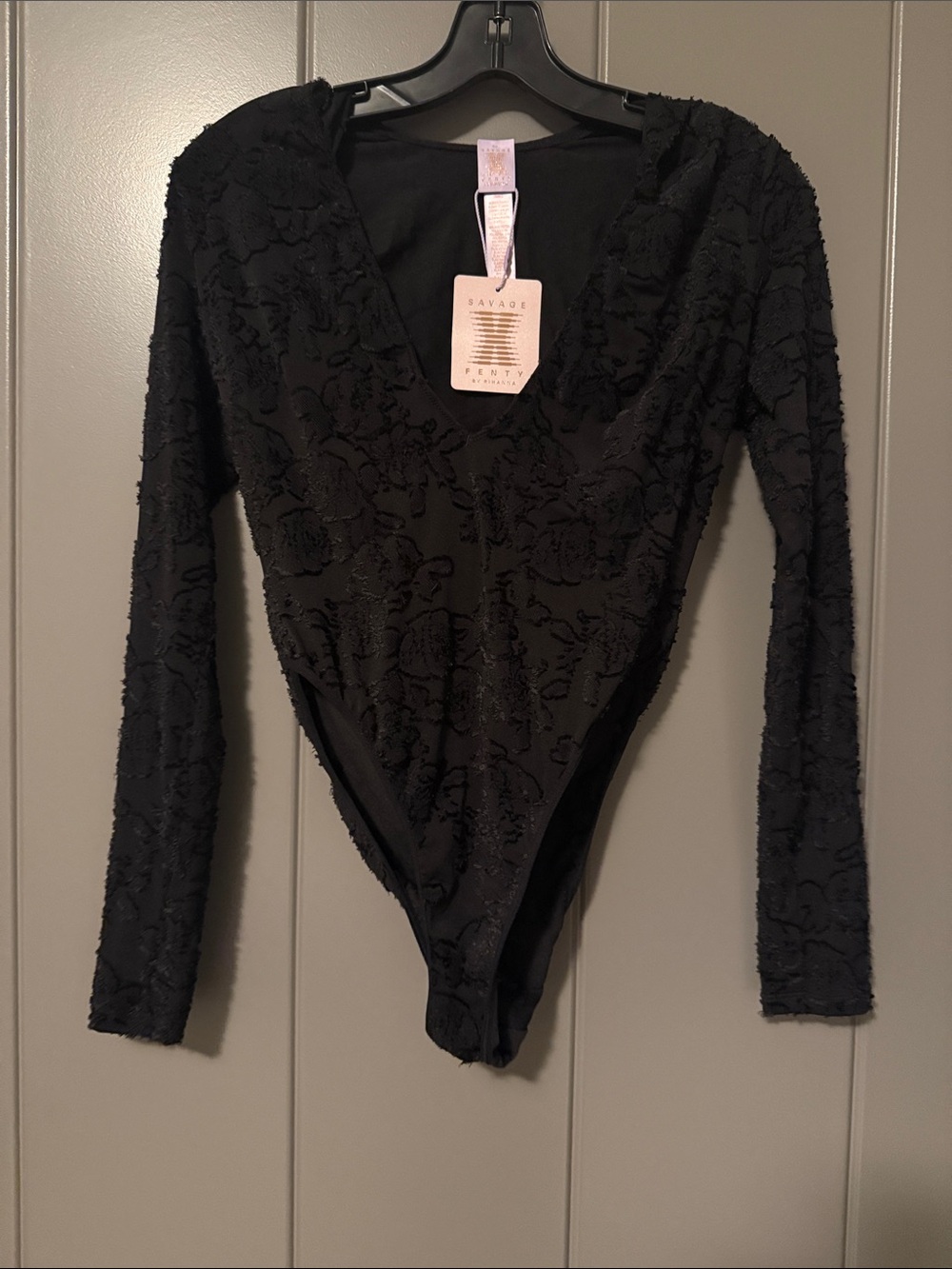 Savage X Fenty Black Textured Long-Sleeve V-Neck Bodysuit with Hood
